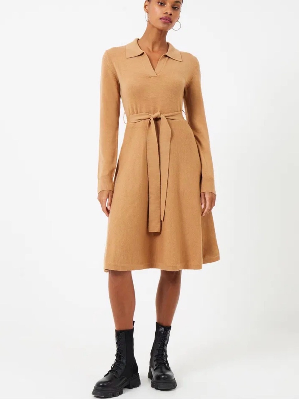 FRENCH CONNECTION Babysoft Judith Tie Waist Long Sleeve A-Line Tan Dress Sz XL